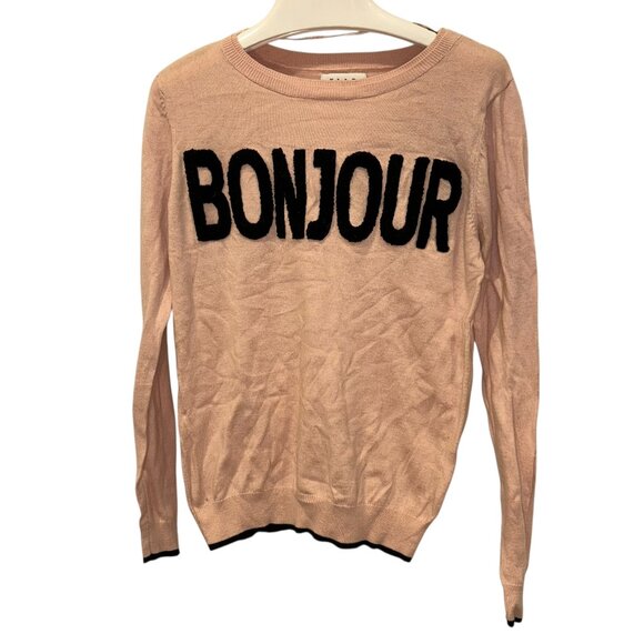 Elle Bonjour pale pink black raised letters graphic sweater S - Picture 1 of 4